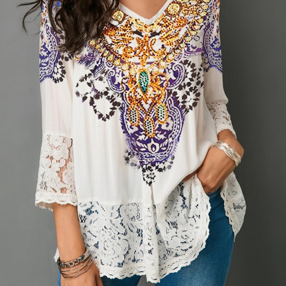 Tribal Print Patchwork Blouse - image 1